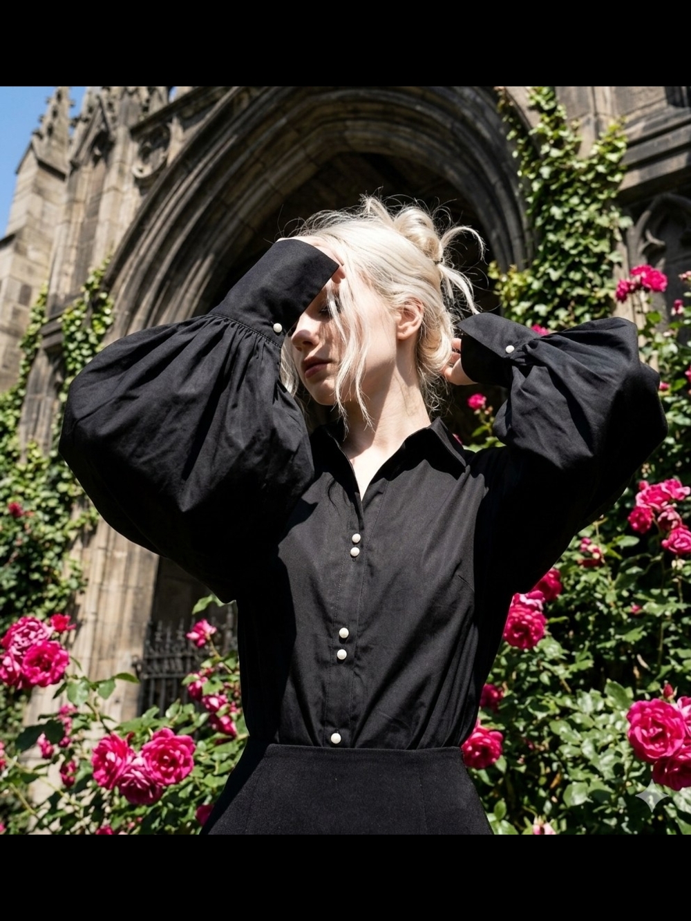Elegant Black Puff-Sleeve Button-Front Blouse
